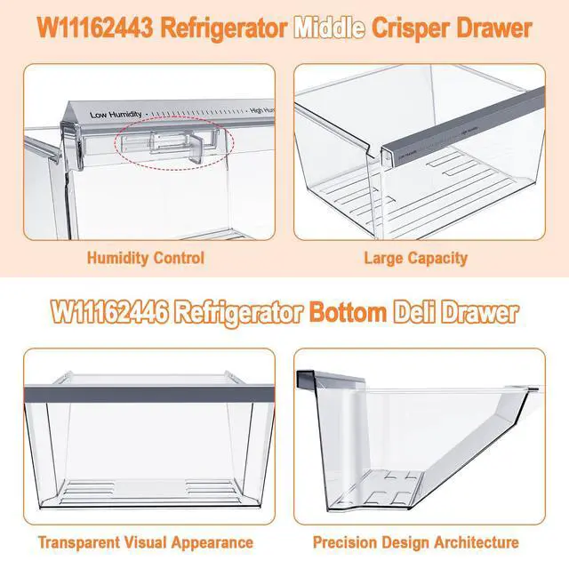 Alt view image 5 of 7 - UPGRADED W11162443 Crisper Drawer & W11162446 Fridge Drawer For Whirlpool Refrigerator Drawers Replacement WRS315SDHZ02 WRS315SDHZ05 WRS315SDHZ08 WRS321SDHZ08 Parts Whirlpool Fridge Drawers WRS325SDHZ
