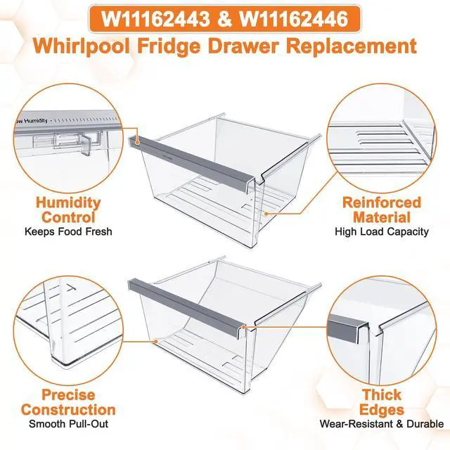 Alt view image 6 of 7 - UPGRADED W11162443 Crisper Drawer & W11162446 Fridge Drawer For Whirlpool Refrigerator Drawers Replacement WRS315SDHZ02 WRS315SDHZ05 WRS315SDHZ08 WRS321SDHZ08 Parts Whirlpool Fridge Drawers WRS325SDHZ