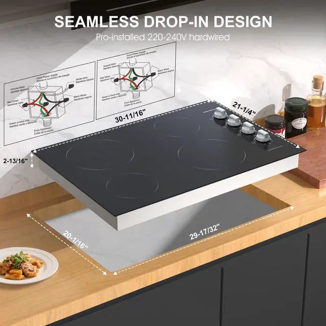 Alt view image 3 of 7 - 30 inch Electric Cooktop 4 Burners, Knob Control | ETL Safety Certified, Wear-Resistant Glass, Hot Surface Indicator, 7000W Hardwired