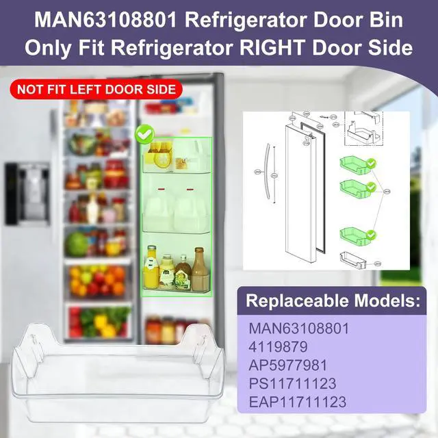 Alt view image 2 of 6 - Upgraded MAN63108801 Refrigerator Door Shelf Bin (Right) Compatible with LSXS26326S/00 Door Bin, LSXS26326S/02 Door Shelf, LRSES2706V/00, Kenmore Refrigerator 79551733811, 79551857610 etc