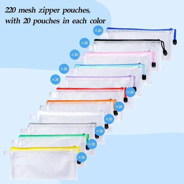 Alt view image 4 of 7 - 220 Pack A6 Mesh Zipper Pouch Bags 11 Colors 9.4 x 4.5 Inch Pencil Pouches Bulk Small Mesh Bags with Zipper Waterproof Zipper File Bags for Travel Puzzles School Office Supplies Organization