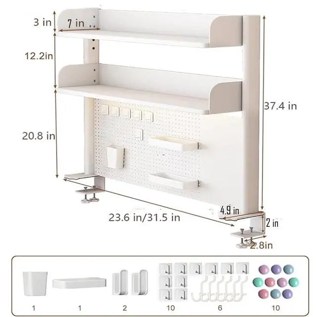Alt view image 2 of 7 - Clamp On Desk Shelf White with Pegboard 23.6 in 2-Tier Bookshelf | Desk Top Organizer Shelf for Gaming Office in Compact Desks, Space Saving Tabletop Display Rack