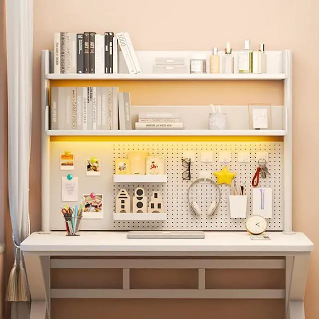 Alt view image 5 of 7 - Clamp On Desk Shelf White with Pegboard 23.6 in 2-Tier Bookshelf | Desk Top Organizer Shelf for Gaming Office in Compact Desks, Space Saving Tabletop Display Rack