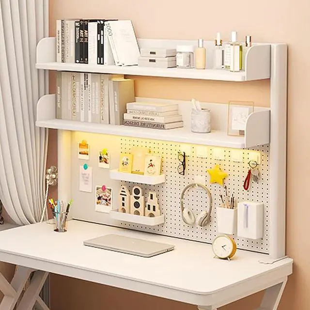 Alt view image 4 of 7 - Clamp On Desk Shelf White with Pegboard 23.6 in 2-Tier Bookshelf | Desk Top Organizer Shelf for Gaming Office in Compact Desks, Space Saving Tabletop Display Rack