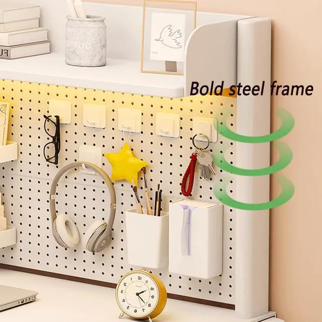 Alt view image 6 of 7 - Clamp On Desk Shelf White with Pegboard 23.6 in 2-Tier Bookshelf | Desk Top Organizer Shelf for Gaming Office in Compact Desks, Space Saving Tabletop Display Rack