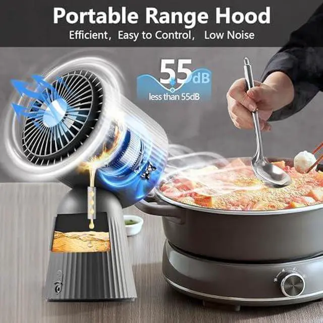 Alt view image 6 of 7 - Portable Range Hood, 3 Speed, One Button Control Desktop Range Hood | DetachableWashable Filters, with Oil Cup, Portable Kitchen Exhaust Fan for Apartment, RV, Indoor BBQ, Hot Pot, Grey