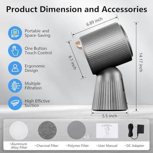 Alt view image 7 of 7 - Portable Range Hood, 3 Speed, One Button Control Desktop Range Hood | DetachableWashable Filters, with Oil Cup, Portable Kitchen Exhaust Fan for Apartment, RV, Indoor BBQ, Hot Pot, Grey