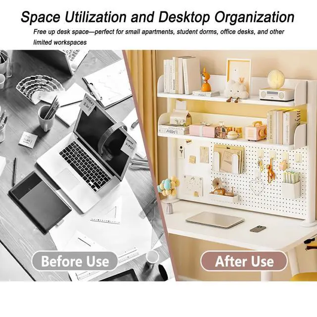 Alt view image 7 of 7 - Clamp On Desk Shelf White with Pegboard 23.6 in 2-Tier Bookshelf | Desk Top Organizer Shelf for Gaming Office in Compact Desks, Space Saving Tabletop Display Rack