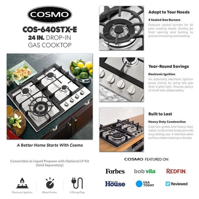 Alt view image 4 of 7 - 24 in. Haven Collection Drop-In 4 Burner Gas Cooktop in Stainless Steel | COS-640STX-E Sealed Burners, Cast Iron Grates, Knob Controls, Electronic Ignition, Liquid Propane Convertible