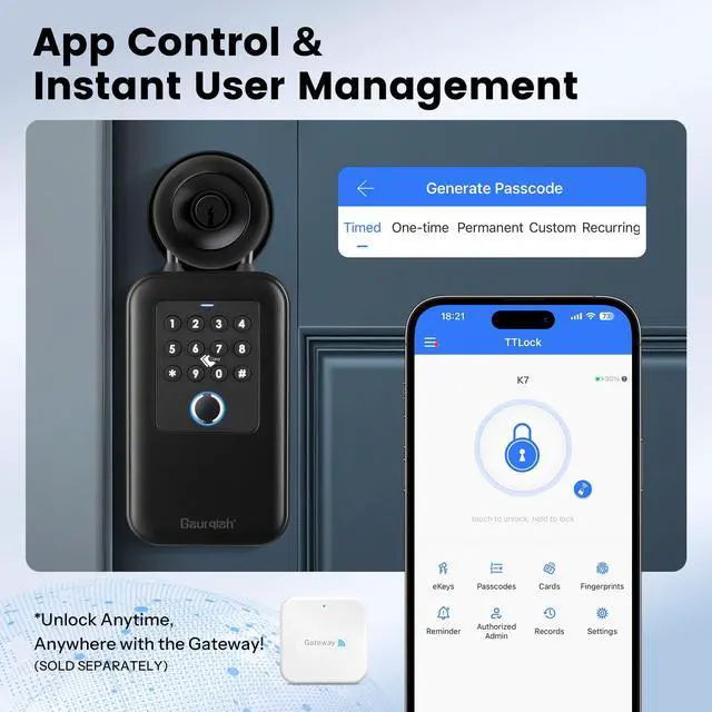 Alt view image 4 of 7 - Upgraded Smart Key Lock Box for Outdoor-Key Safe with Fingerprint, Passcode, App, Card & Keys Access,IP65 Waterproof, Wall Mount or Shackle, Ideal for Airbnb, Family & Realtors | TTLock App Version