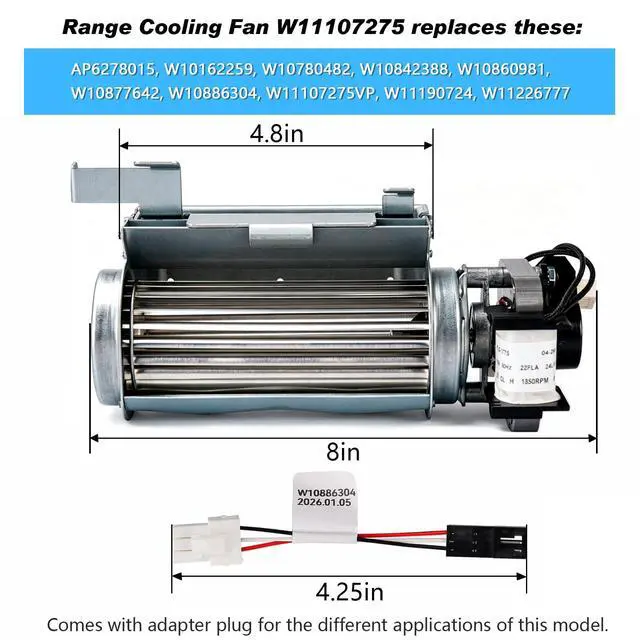 Alt view image 4 of 7 - Cooling Fan W11107275 Replacement Whirlpool,JennAir and KitchenAid | Range Oven,Blower Motor Replacement Part W10162259 W10780482 W10842388 W10860981 PS12347171 AP6278015 EAP12347171 4546036
