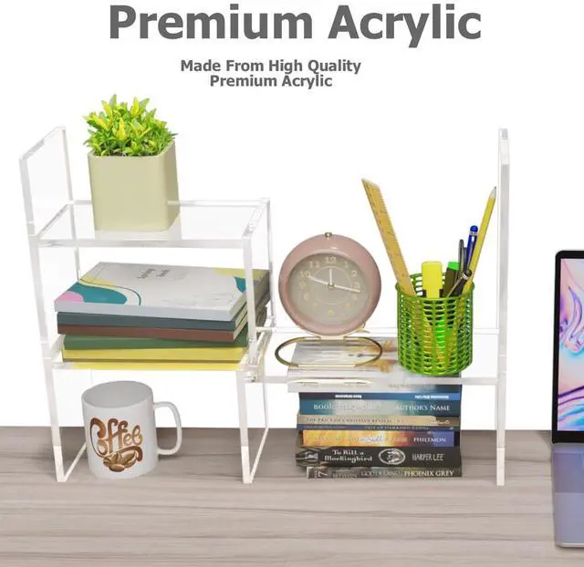 Alt view image 3 of 7 - Adjustable Acrylic Desk Shelf for Top of Desk: Clear Desktop Shelf, Premium Desktop Bookshelf Organizer, Office Table Book Shelves