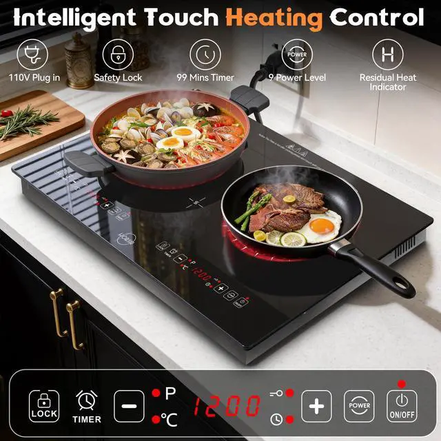 Alt view image 5 of 7 - Hobsir 2 Burner Electric Cooktop 110V with Plug, 2000W Independent Power | 24 Inch Countertop & Built-in Electric Stove, LED Touch Control, Menu Function, Safety Lock