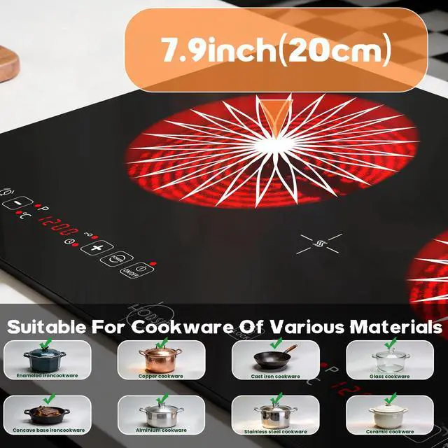 Alt view image 6 of 7 - Hobsir 2 Burner Electric Cooktop 110V with Plug, 2000W Independent Power | 24 Inch Countertop & Built-in Electric Stove, LED Touch Control, Menu Function, Safety Lock