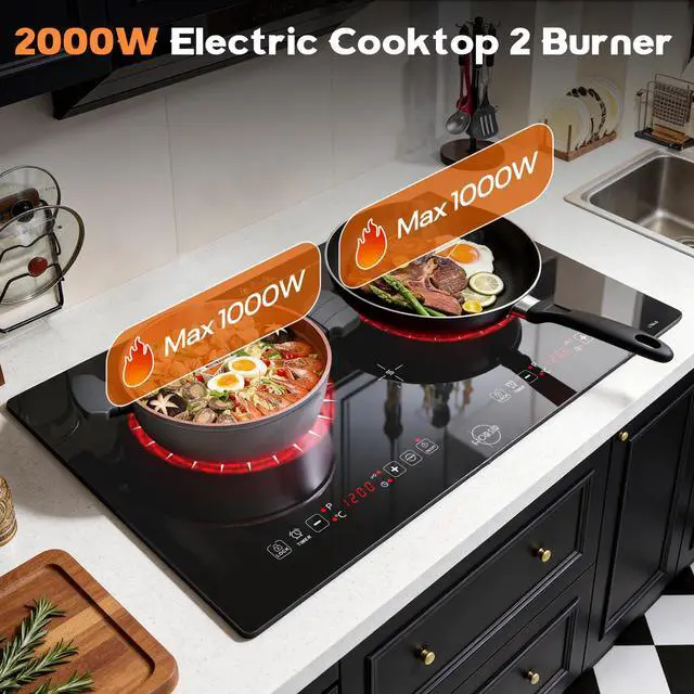 Alt view image 2 of 7 - Hobsir 2 Burner Electric Cooktop 110V with Plug, 2000W Independent Power | 24 Inch Countertop & Built-in Electric Stove, LED Touch Control, Menu Function, Safety Lock