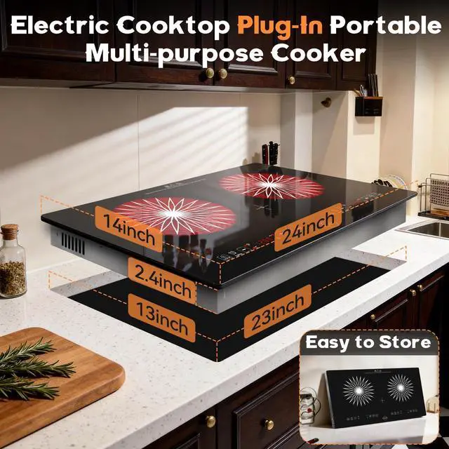 Alt view image 7 of 7 - Hobsir 2 Burner Electric Cooktop 110V with Plug, 2000W Independent Power | 24 Inch Countertop & Built-in Electric Stove, LED Touch Control, Menu Function, Safety Lock