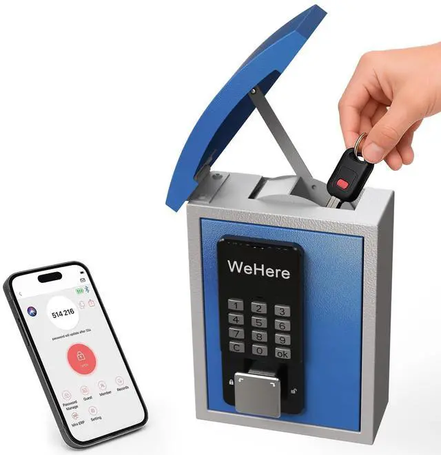Main image of WeHere Key Lock Box Wall Mount with Key Drop Slot, Smart Digital Lockbox, OTP/APP Bluetooth/Wi-Fi/Fixed Code/Key Unlock, Key Safe Security Storage for House Outside, Realty Business, Apartment, Store