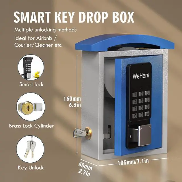 Alt view image 5 of 6 - WeHere Key Lock Box Wall Mount with Key Drop Slot, Smart Digital Lockbox, OTP/APP Bluetooth/Wi-Fi/Fixed Code/Key Unlock, Key Safe Security Storage for House Outside, Realty Business, Apartment, Store