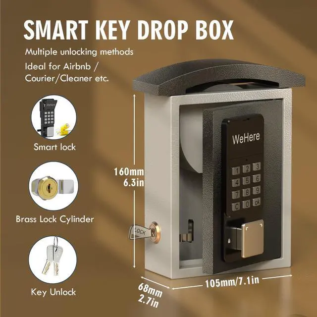 Alt view image 5 of 6 - Key Lock Box with Drop Slot, Porch Key Box Wall Mount, Smart Key LockBox for House Outside, Realtors, Apartment, Store, Multiple Unlocking Ways