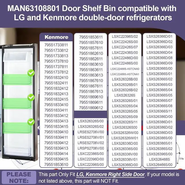 Alt view image 4 of 6 - Upgraded MAN63108801 Refrigerator Door Shelf Bin (Right) Compatible with LSXS26326S/00 Door Bin, LSXS26326S/02 Door Shelf, LRSES2706V/00, Kenmore Refrigerator 79551733811, 79551857610 etc