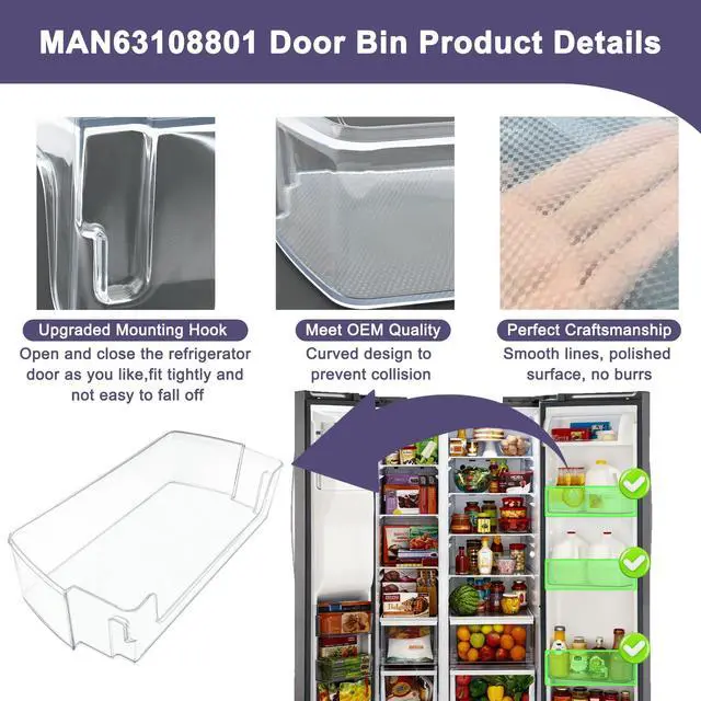 Alt view image 5 of 6 - Upgraded MAN63108801 Refrigerator Door Shelf Bin (Right) Compatible with LSXS26326S/00 Door Bin, LSXS26326S/02 Door Shelf, LRSES2706V/00, Kenmore Refrigerator 79551733811, 79551857610 etc
