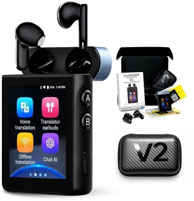 Main image of V2 AI Translator Device with Earbuds | Real-Time Two-Way Voice & Camera Translation | 144 Languages | Built-in ChatGPT | No Subscription | Travel, Business, Education