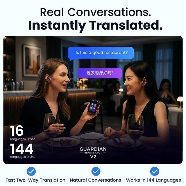 Alt view image 3 of 7 - V2 AI Translator Device with Earbuds | Real-Time Two-Way Voice & Camera Translation | 144 Languages | Built-in ChatGPT | No Subscription | Travel, Business, Education