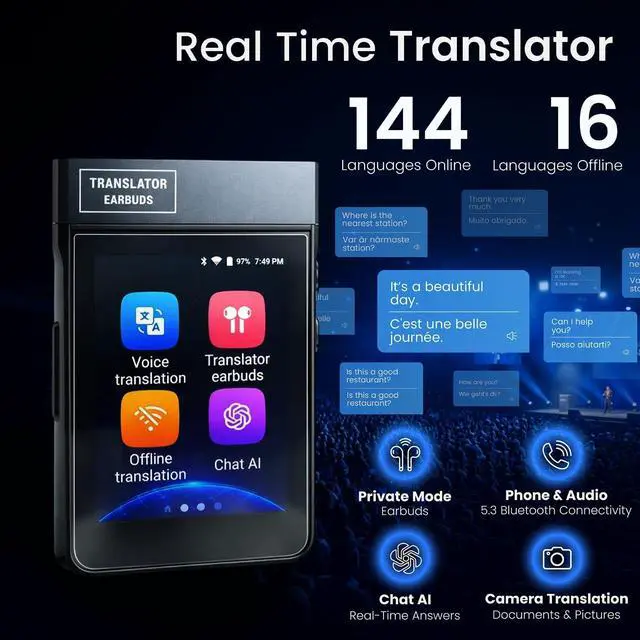 Alt view image 2 of 7 - V2 AI Translator Device with Earbuds | Real-Time Two-Way Voice & Camera Translation | 144 Languages | Built-in ChatGPT | No Subscription | Travel, Business, Education