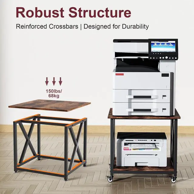 Alt view image 2 of 7 - 2-Tier Large Printer Stand with Storage Shelf, 23.6 x 23.6 Inches Printer Table, 2-Tier Rolling Cart with Industrial Wheels for Home Office (Rustic Brown)