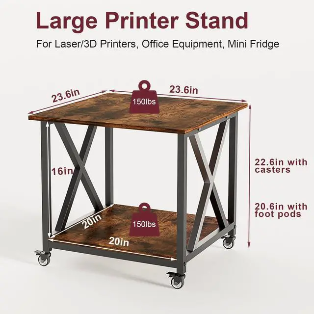 Alt view image 3 of 7 - 2-Tier Large Printer Stand with Storage Shelf, 23.6 x 23.6 Inches Printer Table, 2-Tier Rolling Cart with Industrial Wheels for Home Office (Rustic Brown)