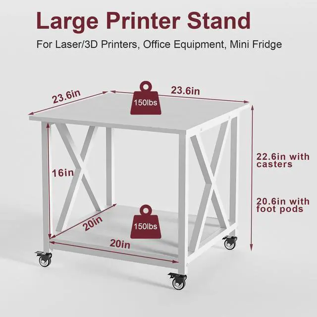 Alt view image 2 of 7 - 2 Tier White Printer Stand, 23.6 x 23.6 Inches Large Printer Table with Storage Shelf, Rolling Printer Cart with Wheels, Mobile Table for Home Office (White)