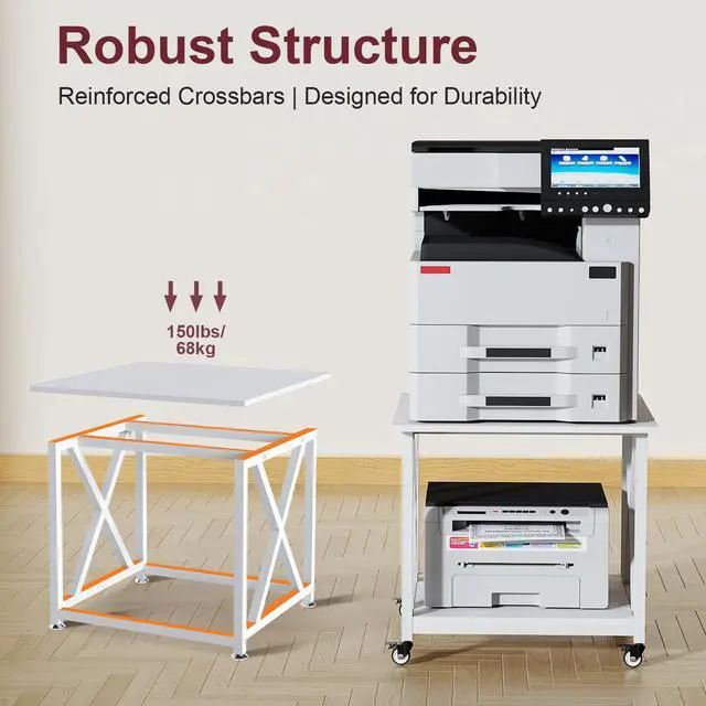 Alt view image 4 of 7 - 2 Tier White Printer Stand, 23.6 x 23.6 Inches Large Printer Table with Storage Shelf, Rolling Printer Cart with Wheels, Mobile Table for Home Office (White)