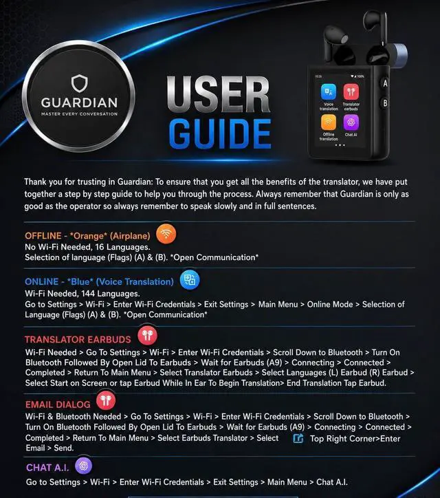 Alt view image 4 of 7 - V2 AI Translator Device with Earbuds | Real-Time Two-Way Voice & Camera Translation | 144 Languages | Built-in ChatGPT | No Subscription | Travel, Business, Education
