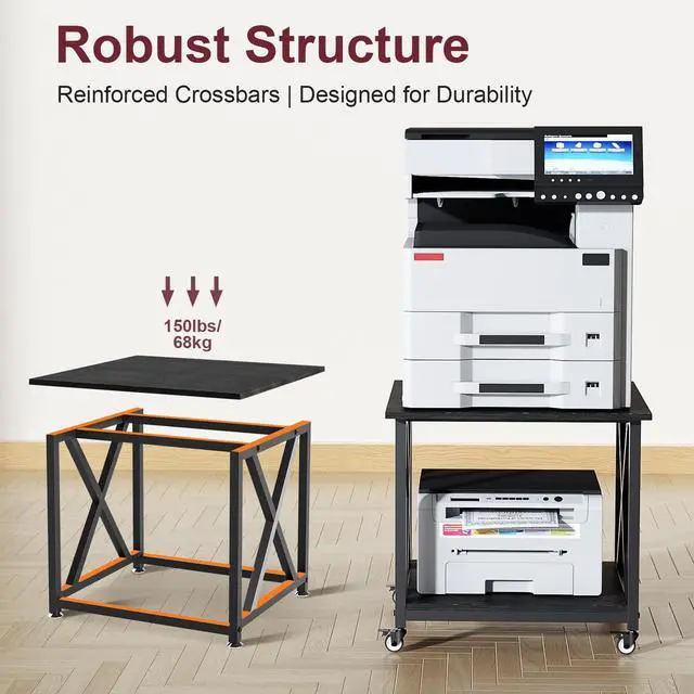 Alt view image 2 of 7 - 2 Tier Large Printer Stand, 23.6 x 23.6 Inches Printer Table with Storage Shelf, Rolling Printer Cart with Industrial Wheels for Home Office (Black)