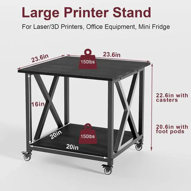 Alt view image 3 of 7 - 2 Tier Large Printer Stand, 23.6 x 23.6 Inches Printer Table with Storage Shelf, Rolling Printer Cart with Industrial Wheels for Home Office (Black)