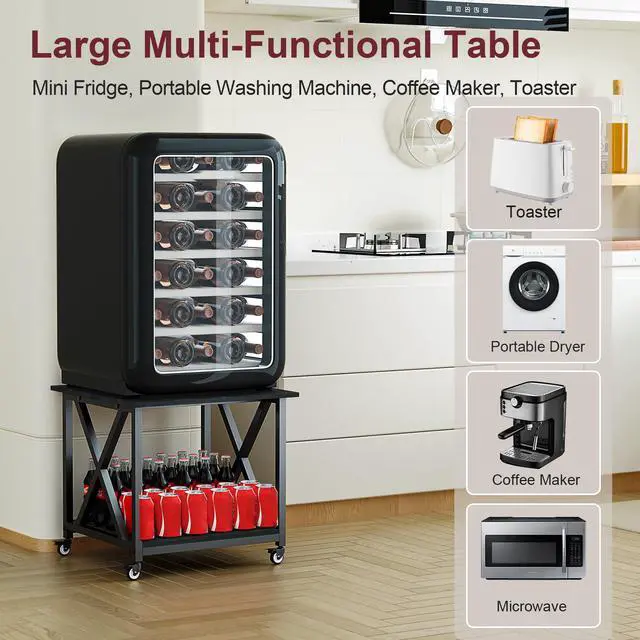 Alt view image 5 of 7 - 2 Tier Large Printer Stand, 23.6 x 23.6 Inches Printer Table with Storage Shelf, Rolling Printer Cart with Industrial Wheels for Home Office (Black)
