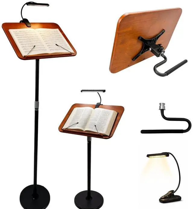 Main image of 2 in 1 Multiplel-Use Music Stand with Light, Book Holder for Reading, Height Adjustable 18''-55'' Bible Shtender, Portable Podium Stand, Wood Table Stand for Laptop, Classroom, Church, Speech
