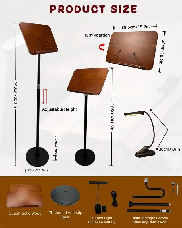 Alt view image 5 of 7 - 2 in 1 Multiplel-Use Music Stand with Light, Book Holder for Reading, Height Adjustable 18''-55'' Bible Shtender, Portable Podium Stand, Wood Table Stand for Laptop, Classroom, Church, Speech