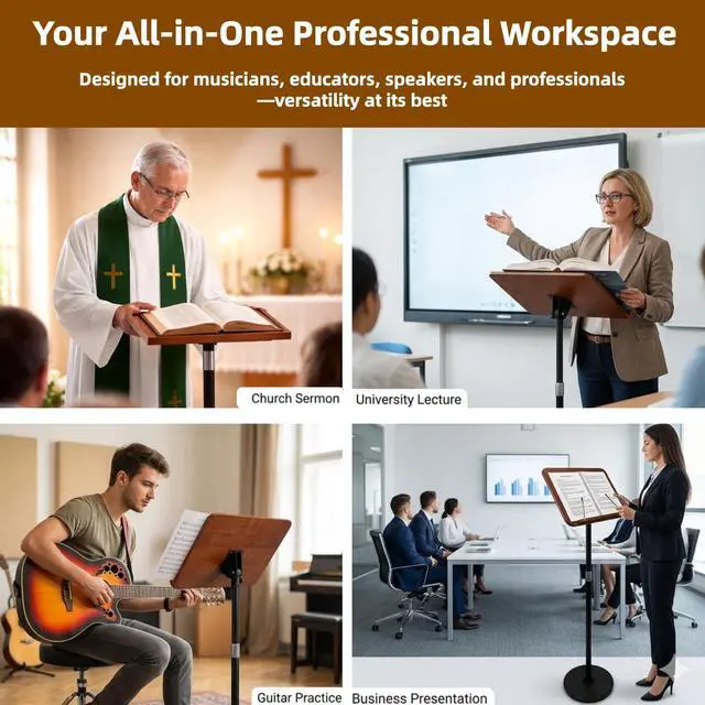 Alt view image 4 of 7 - 2 in 1 Multiplel-Use Music Stand with Light, Book Holder for Reading, Height Adjustable 18''-55'' Bible Shtender, Portable Podium Stand, Wood Table Stand for Laptop, Classroom, Church, Speech