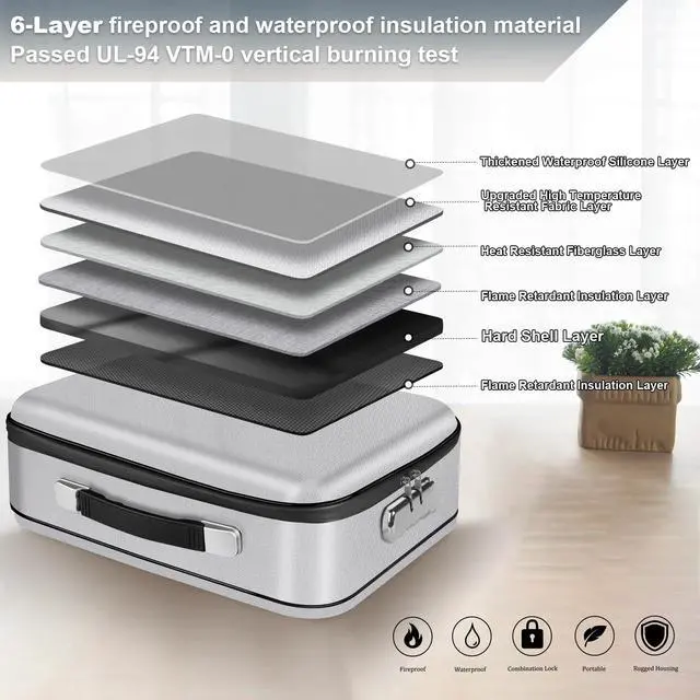 Alt view image 3 of 7 - Fireproof Document Box, 15" x 11" x 5", Silver | Hard Shell Document Organizer, with Lock, Fireproof & Water-Resistant, Portable Documents Safe Box, fits Home and Office