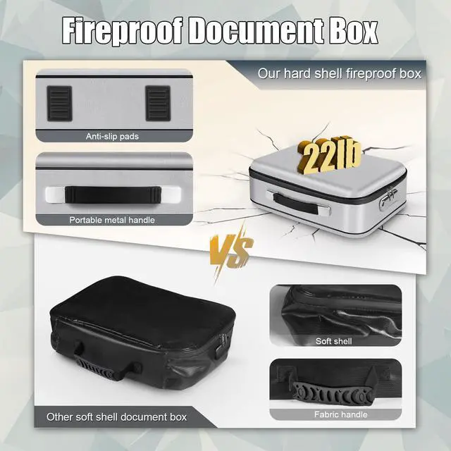 Alt view image 5 of 7 - Fireproof Document Box, 15" x 11" x 5", Silver | Hard Shell Document Organizer, with Lock, Fireproof & Water-Resistant, Portable Documents Safe Box, fits Home and Office