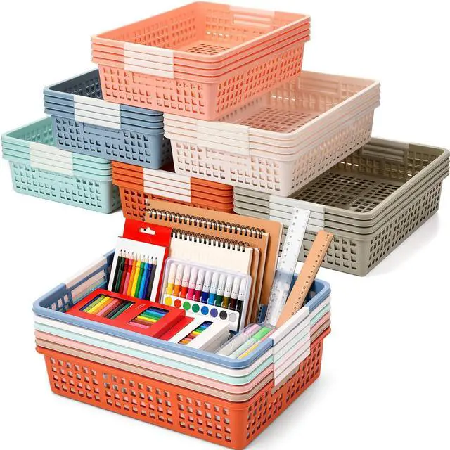 Main image of 24 Pcs Colorful Plastic Classroom Baskets Bulk with Handles 13.6" x 10" Classroom Storage Bins 6 Color Boho Stackable Desk Basket for School Office Teacher Book Pencil Organization