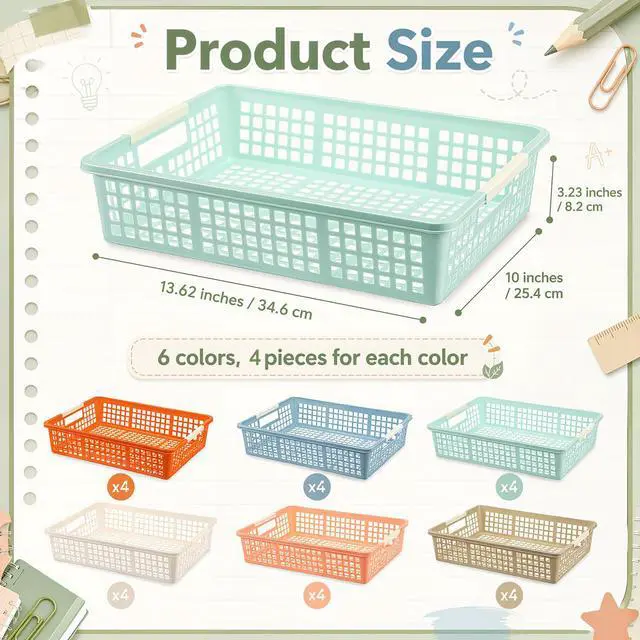 Alt view image 2 of 7 - 24 Pcs Colorful Plastic Classroom Baskets Bulk with Handles 13.6" x 10" Classroom Storage Bins 6 Color Boho Stackable Desk Basket for School Office Teacher Book Pencil Organization