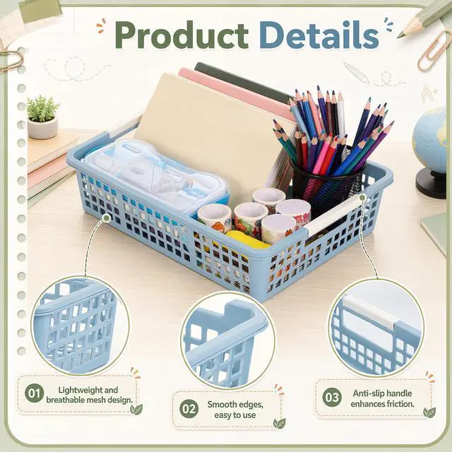 Alt view image 3 of 7 - 24 Pcs Colorful Plastic Classroom Baskets Bulk with Handles 13.6" x 10" Classroom Storage Bins 6 Color Boho Stackable Desk Basket for School Office Teacher Book Pencil Organization