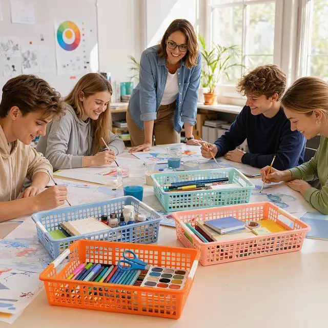 Alt view image 4 of 7 - 24 Pcs Colorful Plastic Classroom Baskets Bulk with Handles 13.6" x 10" Classroom Storage Bins 6 Color Boho Stackable Desk Basket for School Office Teacher Book Pencil Organization