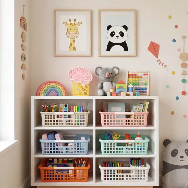 Alt view image 5 of 7 - 24 Pcs Colorful Plastic Classroom Baskets Bulk with Handles 13.6" x 10" Classroom Storage Bins 6 Color Boho Stackable Desk Basket for School Office Teacher Book Pencil Organization