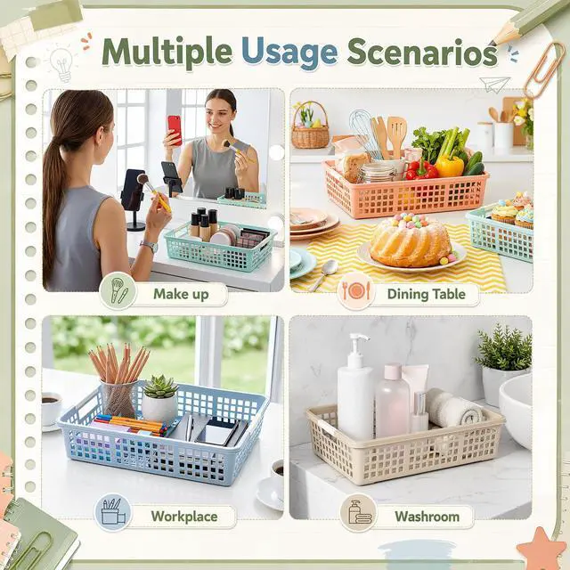 Alt view image 6 of 7 - 24 Pcs Colorful Plastic Classroom Baskets Bulk with Handles 13.6" x 10" Classroom Storage Bins 6 Color Boho Stackable Desk Basket for School Office Teacher Book Pencil Organization