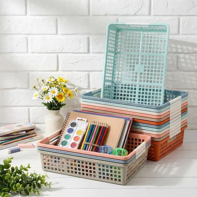 Alt view image 7 of 7 - 24 Pcs Colorful Plastic Classroom Baskets Bulk with Handles 13.6" x 10" Classroom Storage Bins 6 Color Boho Stackable Desk Basket for School Office Teacher Book Pencil Organization