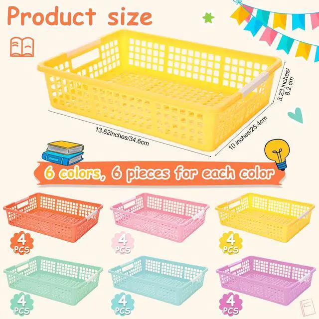 Alt view image 2 of 7 - 24 Pcs Colorful Plastic Classroom Baskets Bulk with Handles 13.6" x 10" Classroom Storage Bins 6 Color Morandi Stackable Desk Basket for School Office Teacher Book Pencil Organization