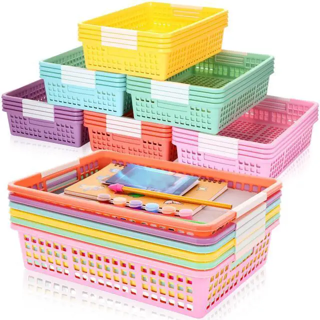 Main image of 24 Pcs Colorful Plastic Classroom Baskets Bulk with Handles 13.6" x 10" Classroom Storage Bins 6 Color Morandi Stackable Desk Basket for School Office Teacher Book Pencil Organization